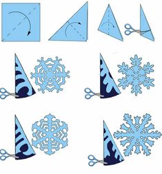 the paper snowflakes are blue and white