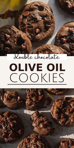 double chocolate olive oil cookies on a baking sheet with text overlay that reads double chocolate olive oil cookies