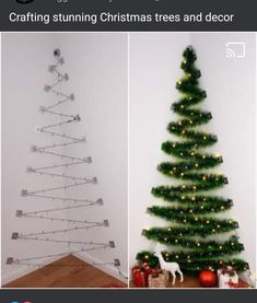 three different christmas trees with lights on them and decorations in the shape of a tree