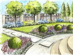 an artist's rendering of a garden with steps and trees