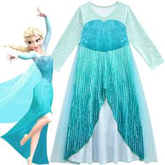 a frozen princess dress with blue sequins on the bottom and long sleeves, is shown