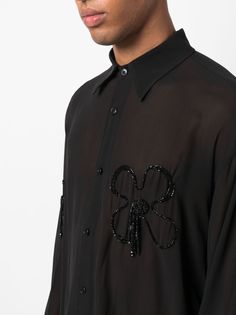 bead-embellished silk shirt from GCDS featuring black, silk, semi-sheer construction, bead embellishment, floral motif, classic collar, front button fastening, long sleeves, buttoned cuffs and rear curved hem.This piece fits true to size. We recommend you get your regular sizeModel is 1,84m / 6ft 1in wearing size M Embroidery Shirt Men, Beaded Shirt, Blouse Man, Bead Embellishment, Coord Set, Latest Fashion Design, Shirt Embroidery, Work Shirts, T-shirt Polos