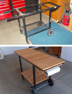 two photos side by side one has a rolling cart and the other has a workbench