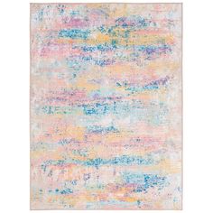 an abstract rug with multicolored paint on the ground and pink, yellow, blue, green, white colors