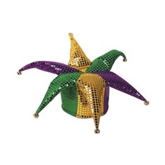 Beistle Glitz N Gleam Jester Hat, One Size, Gold/Green/Purple 60702 - Sold as 2/Pack Beistle Glitz 'N gleam jester hat in gold, green and purple colors is ideal for mardi gras celebration, sold as 2 per pack. Beistle Glitz 'N gleam jester hat in gold, green and purple colors is made of foam material with lots of metallic sequins for festive occasions. High quality hat is attached with tiny bells at the end of each hat point, sold as 2 per pack. • Gold/green/purple. • High quality hats - novelty Mardi Gras Party Favors, Mardi Gras Jester, Mardi Gras Hats, Jester Costume, Jester Hat, Carnival Themed Party, Mardi Gras Party, Novelty Items, Party Accessories