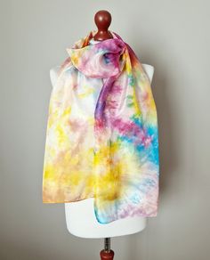 Hand dyed scarf. 100% silk scarf. The unique pattern.  Light and ethereal.   You can wear it careless crushed or smoothed.  You can wear it casually wrapped around the neck or as a shawl across the shoulders.   This scarf will also make a fantastic gift for friends or family members, birthdays, anniversaries, Christmas or any other special occasion! dimension: approx. 45x190cm  when flat. Estimate delivery time:  Europe: 4 - 21 business days USA: 10 - 30 business days Care instructions: Silk sca Hand-dyed Silk Scarves For Summer, Hand Dyed Silk Scarves For Summer, Summer Hand Dyed Tie Dye Scarves, Summer Hand-dyed Tie-dye Scarves, Multicolor Hand Dyed Scarf Gift, Hand Dyed Scarves, Scarf Silk, Wrap Shawl, Women Shawl