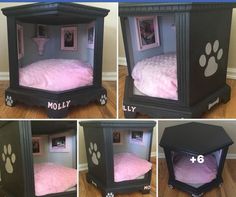 four different views of a dog bed made to look like a house with paw prints on it