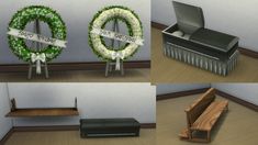 four different images of wreaths with ribbons around them and an open box in the middle