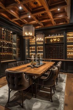 a dining room table surrounded by chairs and wine bottles in the wall behind it is a chandelier