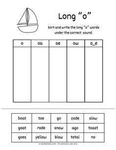 the worksheet for long o and short o are shown in black and white