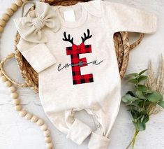 Personalized Baby Romper: Celebrate Your Baby's First Christmas in Style  Your baby's My First Christmas Outfit should be memorable, and our Baby Romper is here to make it unforgettable. <a href="https... My First Christmas Outfit, Onesie Ideas, First Christmas Outfit, Holiday Onesies, Holiday Fits, Christmas Romper, Christmas Onesie, My First Christmas, Christmas Monogram