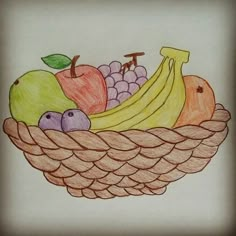 a drawing of fruit in a basket with grapes, apples, bananas and plums