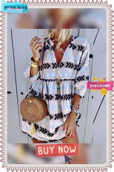 Women Casual Printed Three Quarter Sleeve Autumn Sexy V-neck Mini Party Vintage Plus Size Dresses V-neck Boho Print Mini Dress For Day Out, Casual V-neck Mini Dress With Boho Print, V-neck Boho Print Mini Dress For Beach, Bohemian Mini Dress With Boho Print And V-neck, Leopard Print V-neck Beach Dress, Three Quarter Sleeves, Women's Style, Plus Size Dresses, Plus Size Fashion