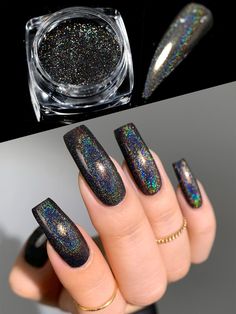 Black Friday 1Box Y2K Aesthetic Holographic Laser Nail Art Glitter Powder For Nail Mirror Polishing Chrome Pigment Shimmer Dip PowderI discovered amazing products on SHEIN.com, come check them out! Aesthetic Holographic, Holographic Nail Designs, Nail Mirror, Black Chrome Nails, Mirror Nail Polish, Holographic Glitter Nails, Nail Gems, Chrome Nail Art