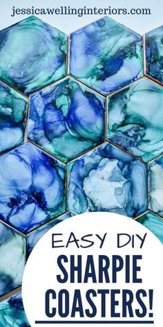 blue and green marble tiles with the words easy diy sharpie coasters on it