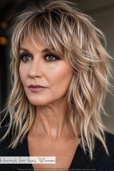 Hairstyles For Medium Thinning Hair, Layered Bob Side Bangs, Lob Haircut With Bangs Over 50, Very Layered Hair Medium Over 50 2024, Shag Hairstyles Short Over 50, Very Layered Hair Medium Over 50 Layers, Haircuts For Women Over 50 With Bangs, Styling A Shag Haircut, Layered Medium Length Hair With Bangs