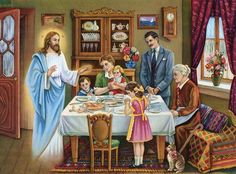 a painting of jesus and his family at the dinner table with their child's name on it