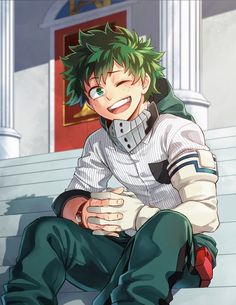 an anime character sitting on the steps with his hands clasped to his chest and smiling