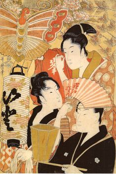 an old japanese painting with two women holding fan and another woman standing next to her