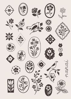 an assortment of floral designs in black and white