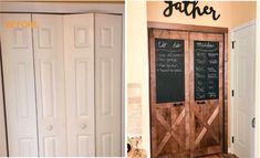 the before and after photos show how to paint an interior barn door with chalkboard