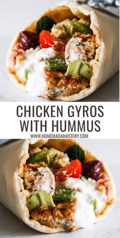 chicken gyros with hummus and veggies in pita bread