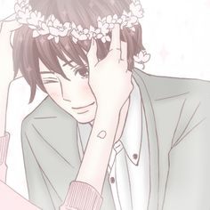 a drawing of a person with a flower crown on their head, holding his hand to his face