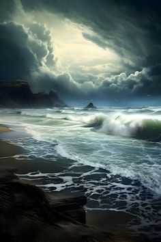 an ocean scene with waves crashing on the shore and dark clouds in the sky above