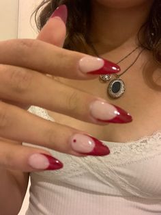 Thick French Tip Almond, Spring Red Nails, Red Wedding Nails, Bridesmaids Nails, Dark Red Nails