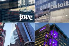 four different buildings with logos on them are shown in this collage, including the pwc and deloitt