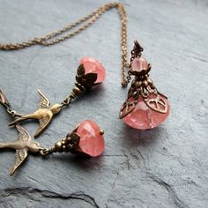 Bird Swallow, Vintaj Jewelry, Pink Antique, Cherry Quartz, Dainty Pendant, Vintage Bird, Diamond Cross Pendants, Quartz Jewelry, Bird Jewelry