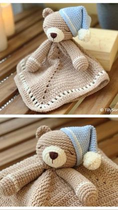 crocheted teddy bear laying on top of a blanket