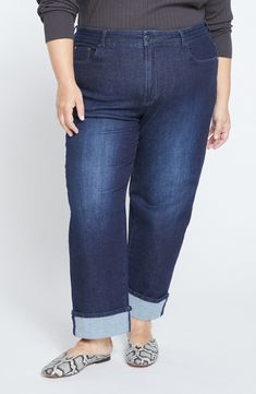 Cuffed hems enhance the casual-cool vibes of these high-waist jeans crafted with comfortable stretch. 27" inseam; 16 1/2" leg opening; 12" front rise; 16 1/2" back rise Zip fly with button closure Five-pocket style 92% cotton, 6% polyester, 2% elastane Machine wash, line dry Imported Universal Standard, Cuffed Jeans, Jean Crafts, High Waist Jeans, Nordstrom, Cuff, High Waisted, Blue