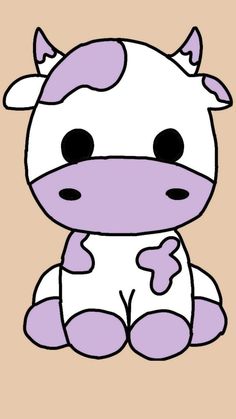 a purple and white cow sitting on top of a brown floor