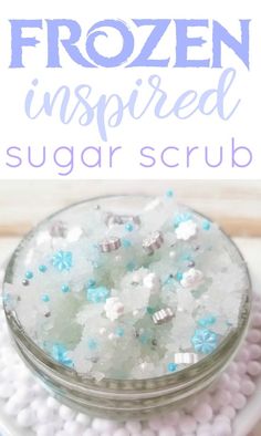 Frozen inspired Sugar Scrub, Disney inspired recipes, Snowflake Sugar scrub, winter sugar scrub, DIY Sugar Scrub #Frozen2 #Frozen #SugarScrub #DIYBeauty #DIYScrubs Winter Sugar Scrub, Disney Inspired Recipes, Snowflake Sugar, Diy Sugar Scrub, Frozen Printables, Mom Crafts, Library Crafts, Movie Crafts, Scrub Diy