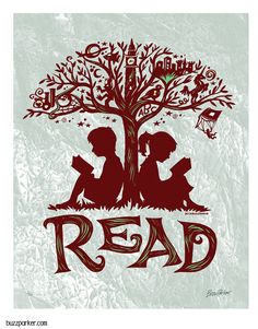 two children reading under a tree with the words read below it and underneath them are books