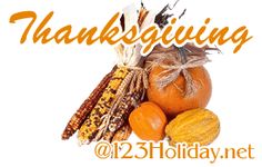 a thanksgiving card with pumpkins, corn and other holiday foods on it's side