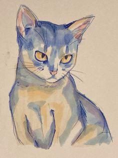 a watercolor drawing of a cat with yellow eyes sitting down and looking at the camera