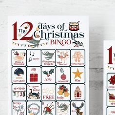 12 Days of Christmas Bingo Cards - 50 PRINTABLE unique cards, senior citizen activity, children game all ages, labeled cute color pictures 12 Days Of Christmas Party Ideas, Caroling Party, Burgundy Color Scheme, Senior Citizen Activities, Christmas Bingo Cards, Christmas Symbols, Bingo Set, Green And Burgundy, Christmas Bingo