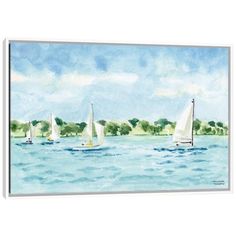 watercolor painting of sailboats in the ocean with trees and blue sky behind them