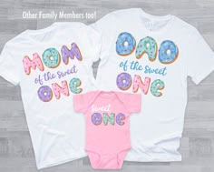 two baby onesuits with donuts on them and the words mom of the sweet one