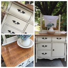 four different pictures of an old dresser with flowers on top and vases in the bottom