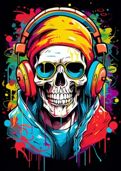 a skull wearing headphones with colorful paint splattered on it's face