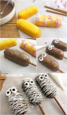 chocolate covered candy sticks with eyes and googly eyes on them