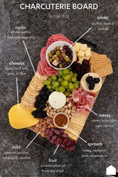 a cheese board with different types of meats, grapes and crackers on it