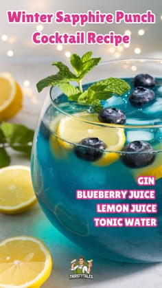 a blueberry juice lemon and mint tonic water is served in a glass with ice