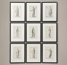 six framed drawings are hanging on the wall