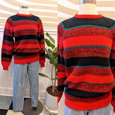 "Label: Contemporary Casuals Features: Red striped knit sweater, crew neck, long sleeves, gathered wrists and hem, pullover. Tag size: Medium- please always refer to measurements for best fit. Great vintage condition.  No holes or stains. MEASUREMENTS taken lying flat and doubled: Length from Top shoulder to bottom hem: 26.5\" Armpit to Armpit: 39\" Waist: 37\" Sleeve length: 24.5\" Please feel free to message me with any questions you might have. **Please understand that all measurements are approximate.**" Retro Striped Sweater For Winter, Retro Striped Winter Sweater, Retro Striped Knitted Sweater, Striped Long Sleeve Cable Knit Sweater, Striped Crew Neck Sweater For Winter, Striped Knit Sweater For Fall, Fall Striped Cable Knit Sweater, Winter Striped Textured Knit Sweater, Retro Striped Crew Neck Sweater