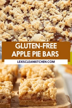 gluten - free apple pie bars on a cutting board with text overlay