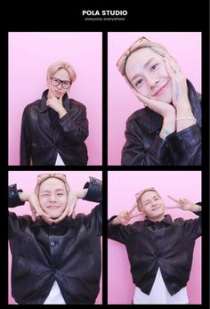 a collage of four photos of a person with glasses and a black leather jacket